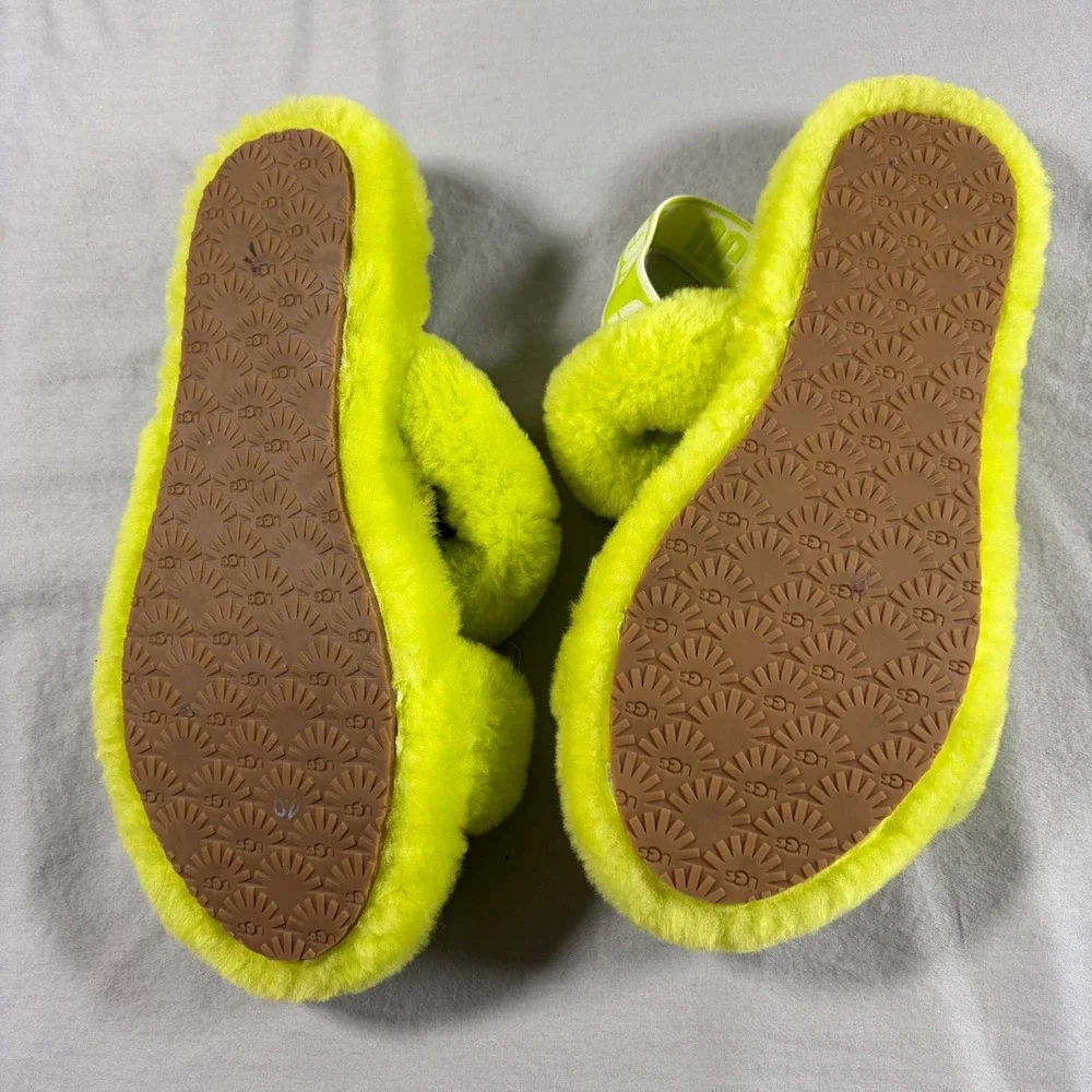 UGG Fluffita Sulfur Neon Yellow Curly Sheepskin Platform Slides Sandals 1115752K